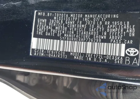 2017 Toyota Corolla Se from USA, damaged, VIN 5YFBURHE6HP726299